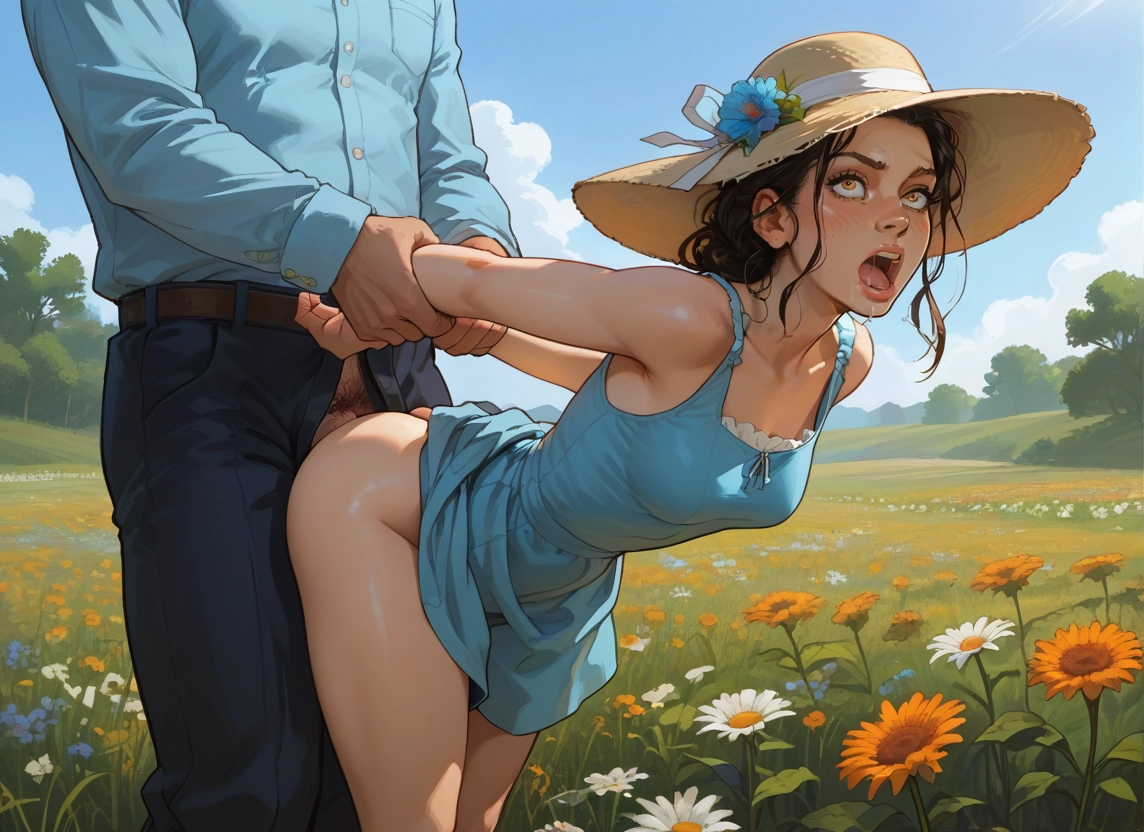 1girl, 1boy, flower, hetero, outdoors, hat · Yamete.gg