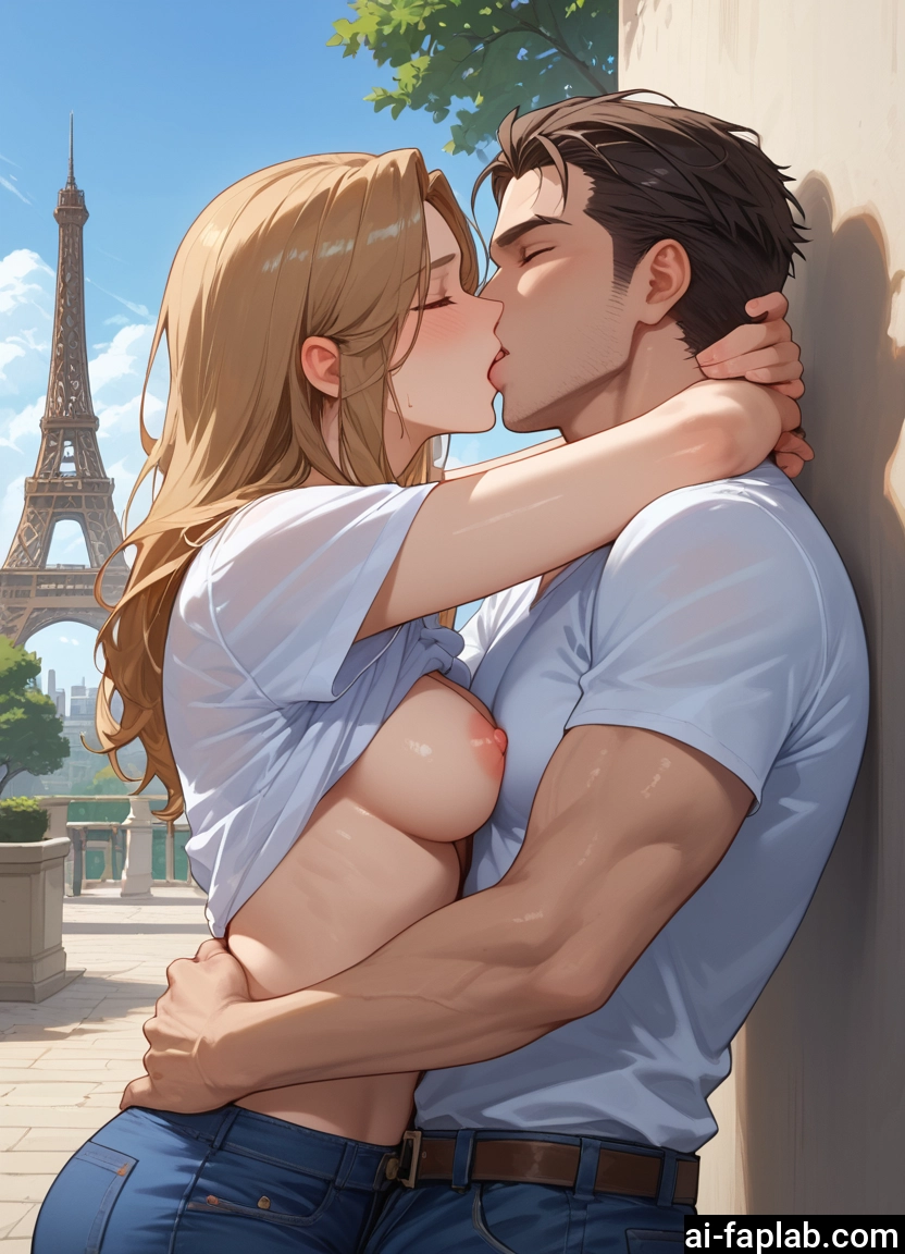 1girl, 1boy, breasts, nipples, kiss, hetero