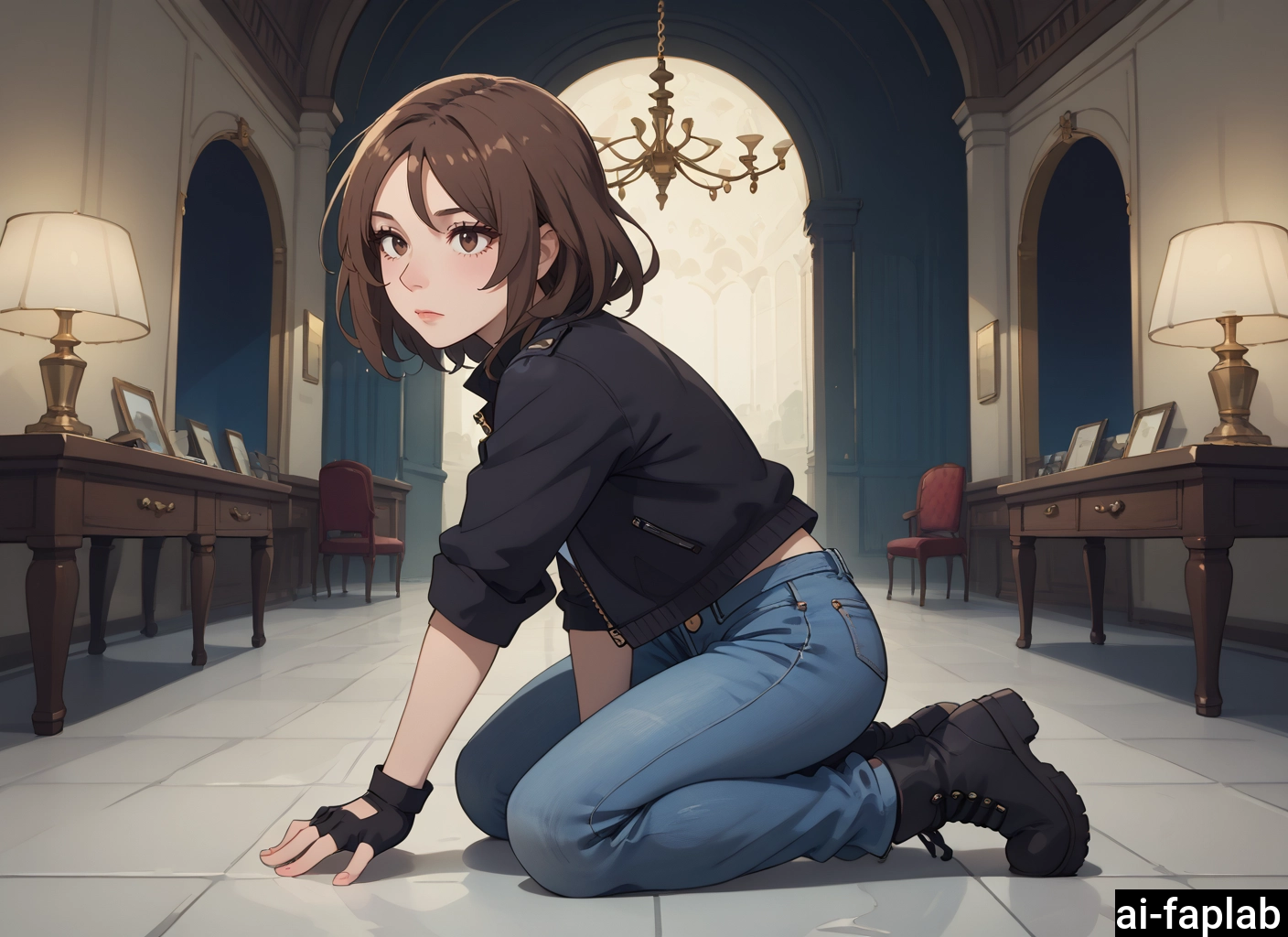 1girl, solo, brown hair, brown eyes, indoors, gloves · Yamete.gg