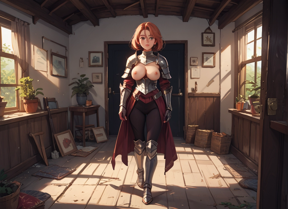 1girl, breasts, nipples, armor, solo, indoors · Yamete.gg