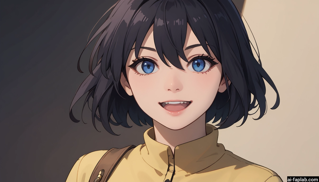 1girl, solo, blue eyes, open mouth, smile, short hair