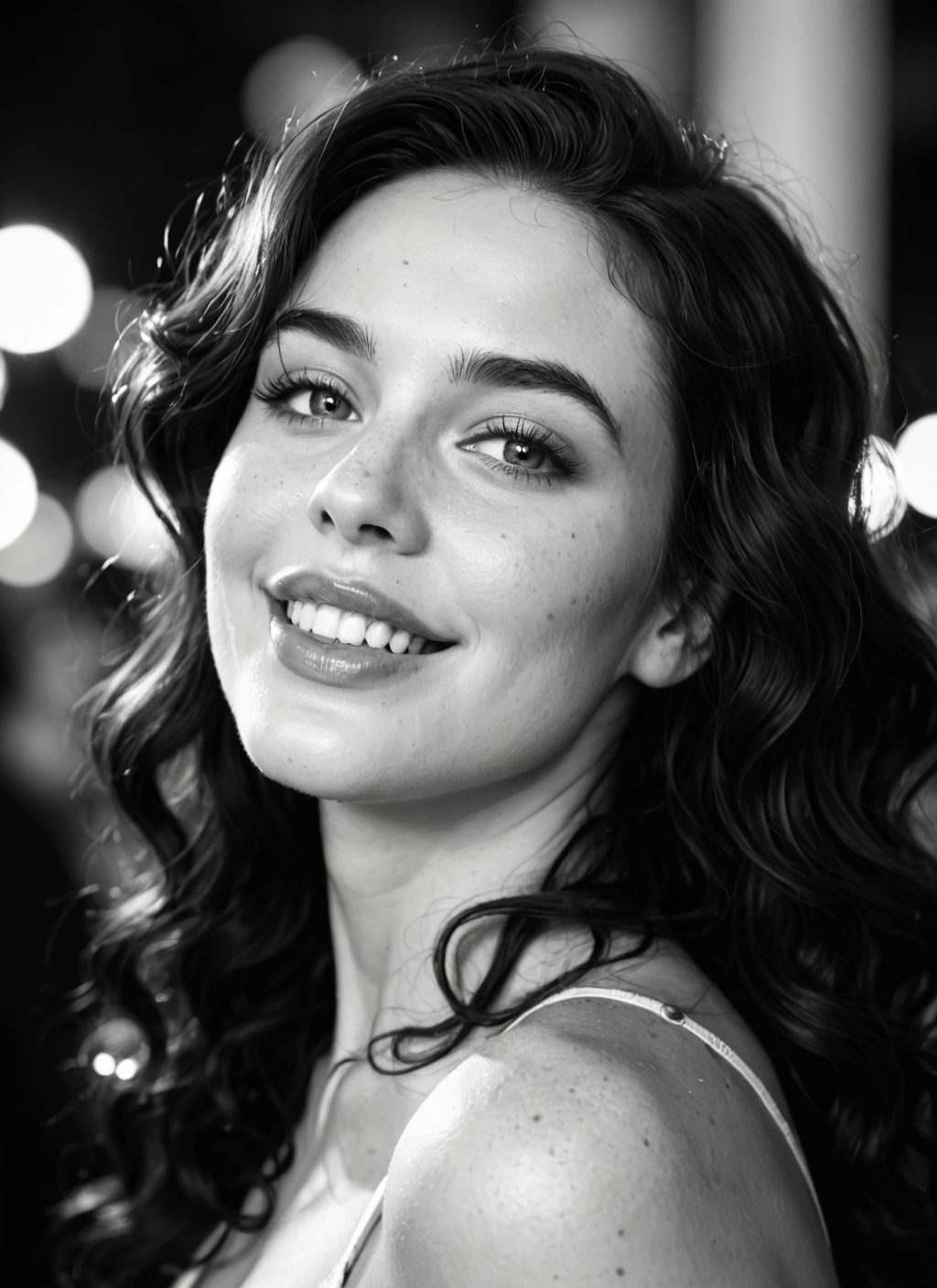 1girl, greyscale, monochrome, solo, freckles, smile · Yamete.gg