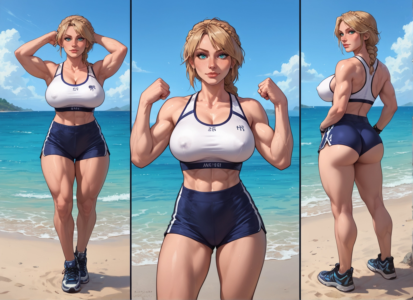 1girl, breasts, ass, blonde hair, shorts, muscular · Yamete.gg
