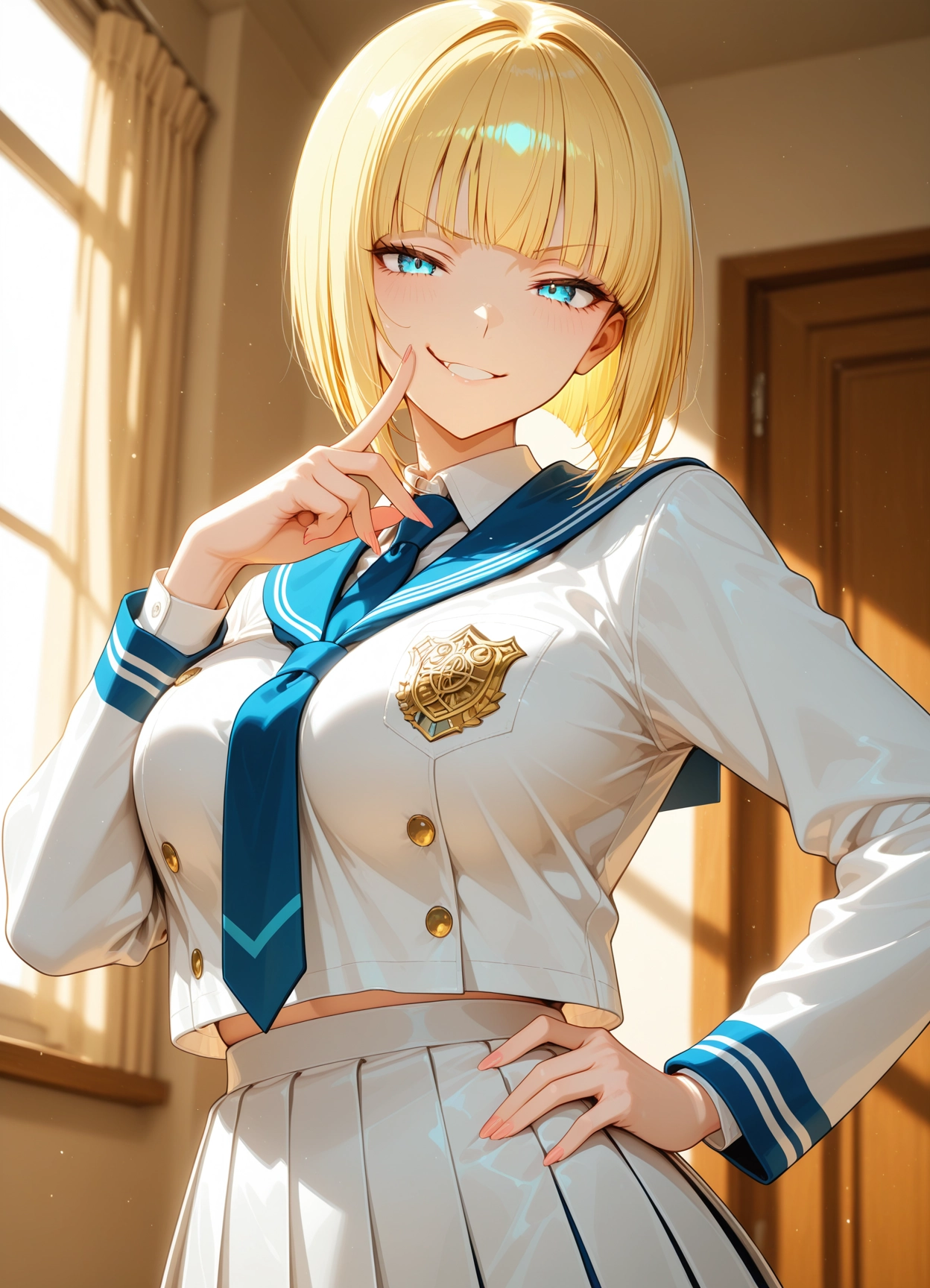 1girl, solo, blonde hair, skirt, smile, blue eyes · Yamete.gg