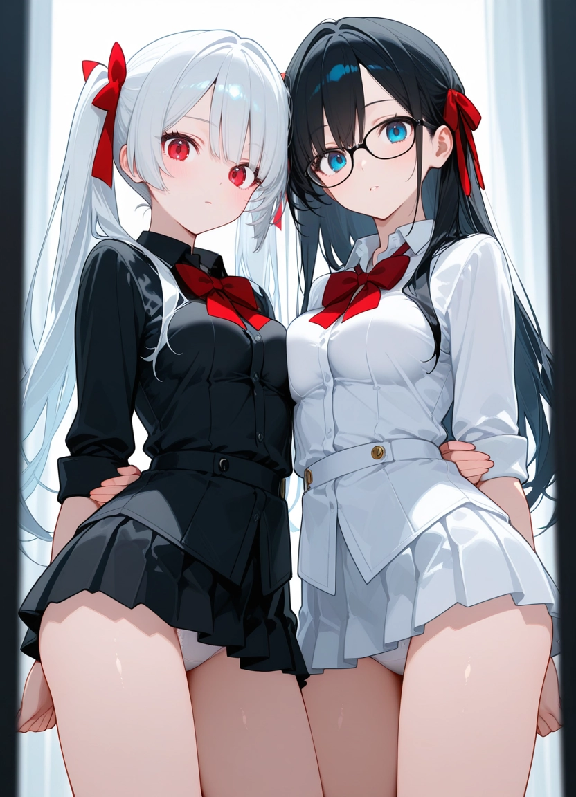 skirt, black hair, 2girls, bowtie, multiple girls, white skirt · Yamete.gg