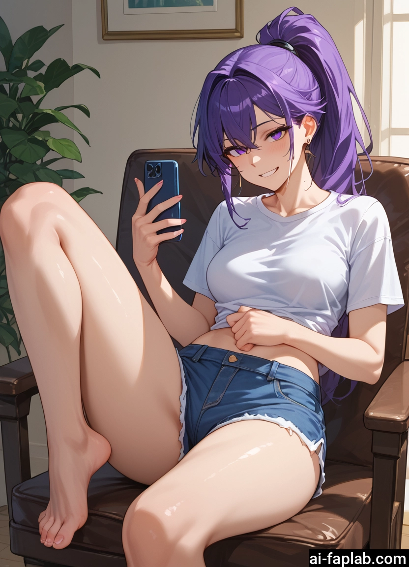 1girl, shorts, barefoot, purple hair, phone, smile