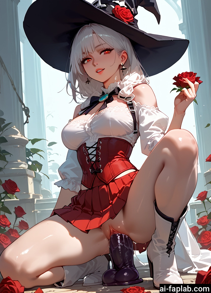 1girl, hat, solo, flower, breasts, sex toy
