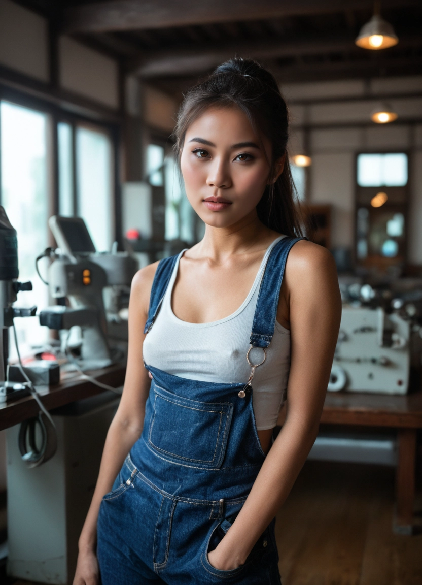 1girl, solo, overalls, realistic, brown eyes, tank top · Yamete.gg
