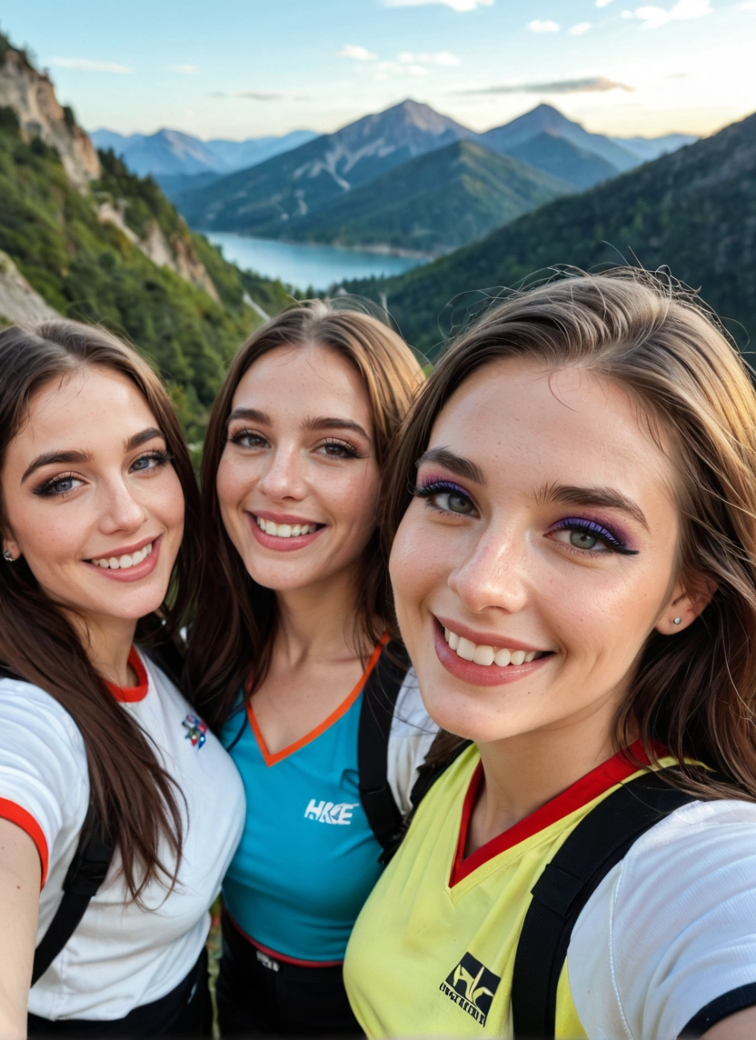 multiple girls, 3girls, smile, brown hair, jewelry, mountain