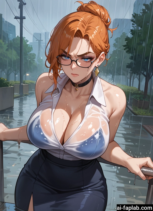 breasts, 1girl, skirt, glasses, choker, wet · Yamete.gg