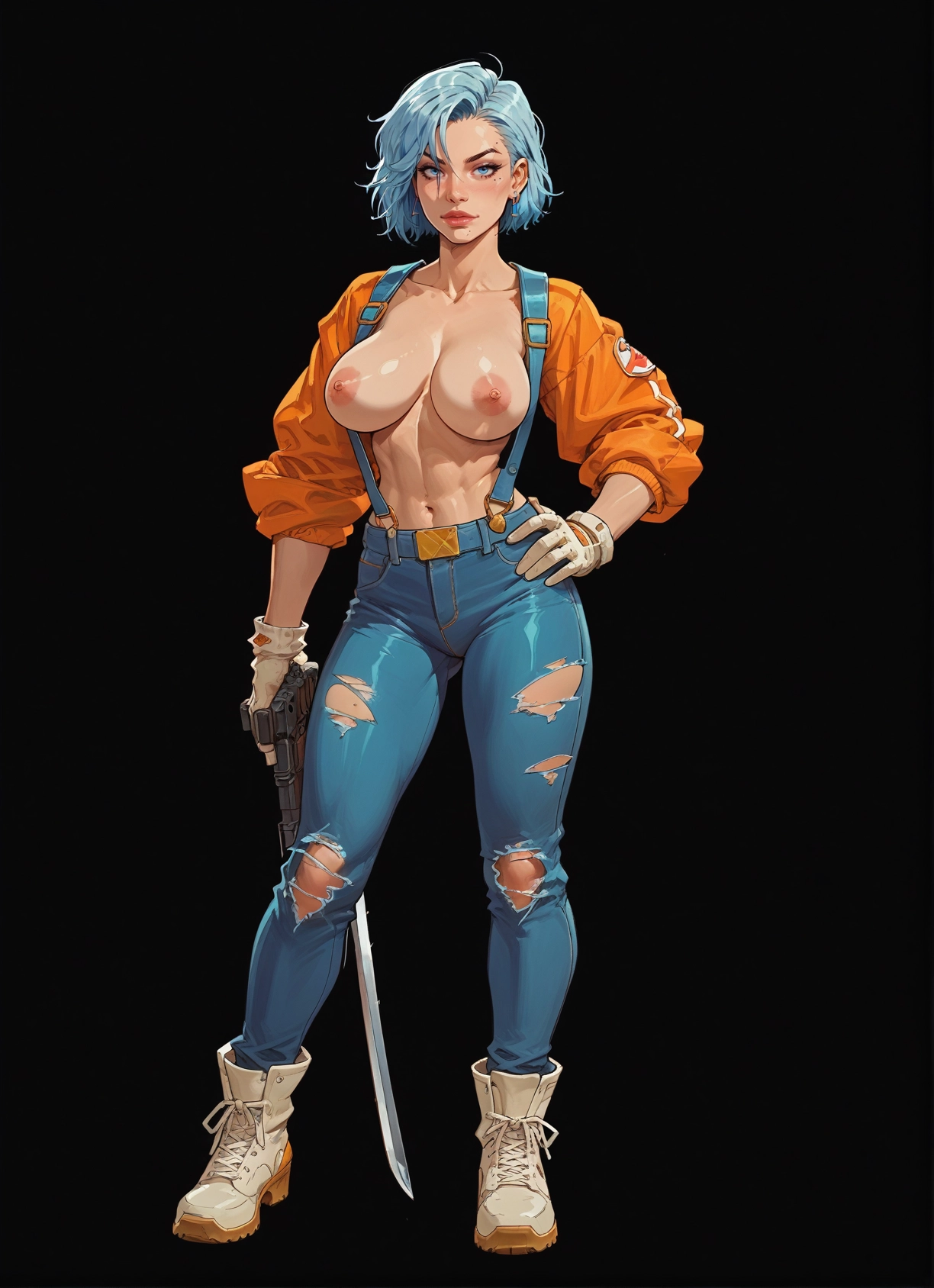 1girl, breasts, nipples, weapon, solo, gloves · Yamete.gg