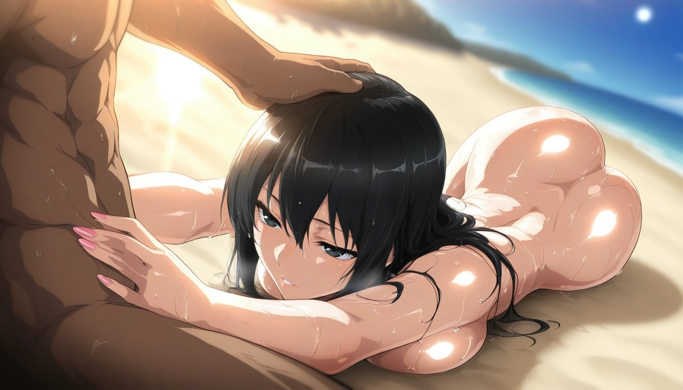 1girl, nude, breasts, black hair, beach, ass · Yamete.gg