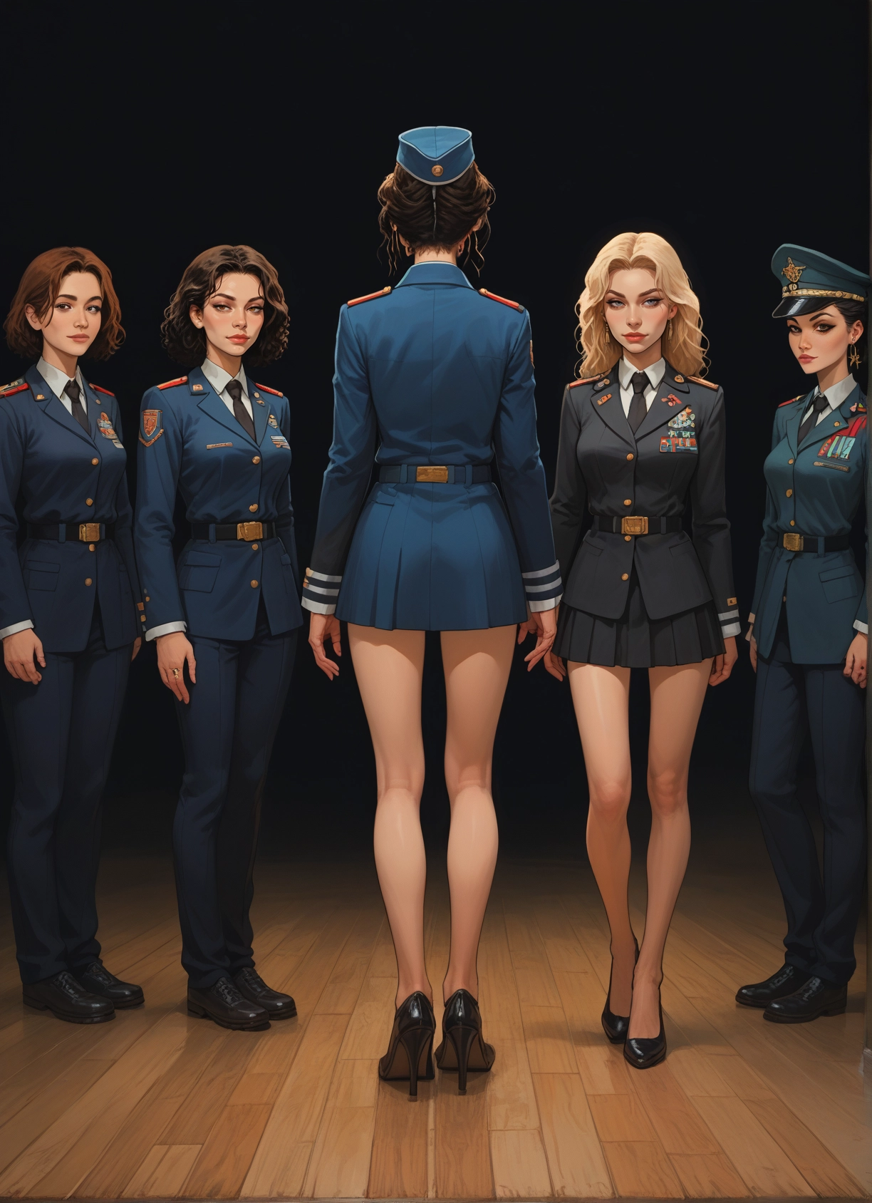 multiple girls, blonde hair, uniform, 4girls, skirt, hat · Yamete.gg