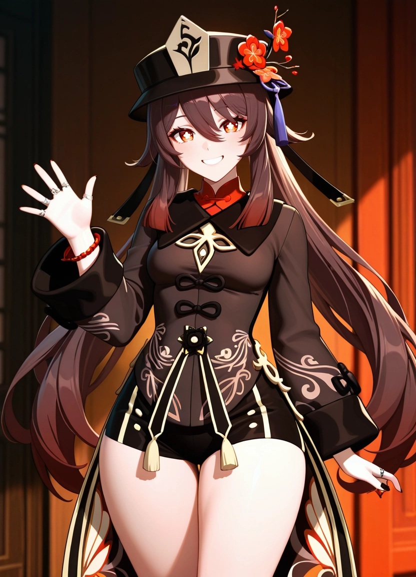 1girl, solo, hu tao (genshin impact), shorts, jewelry, smile · Yamete.gg