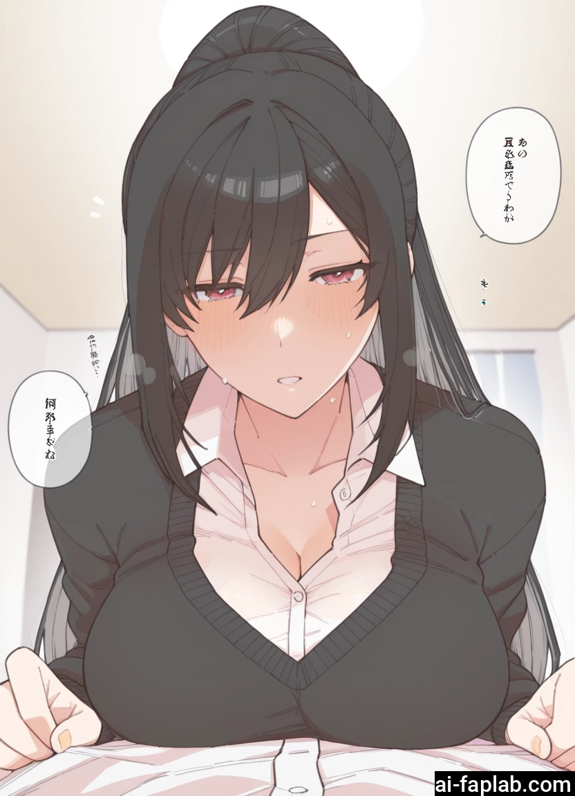breasts, 1girl, black hair, blush, cleavage, large breasts