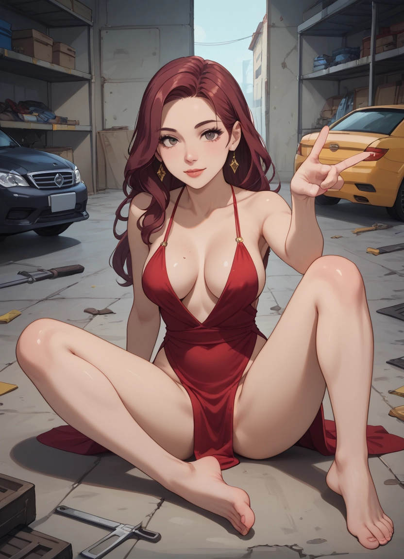 1girl, breasts, barefoot, dress, jewelry, ground vehicle · Yamete.gg