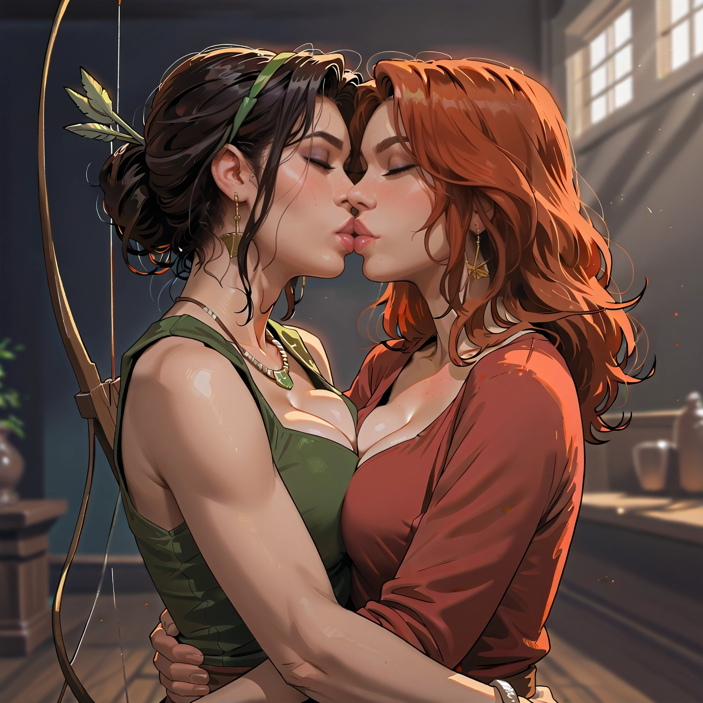 multiple girls, 2girls, breasts, yuri, jewelry, kiss · Yamete.gg
