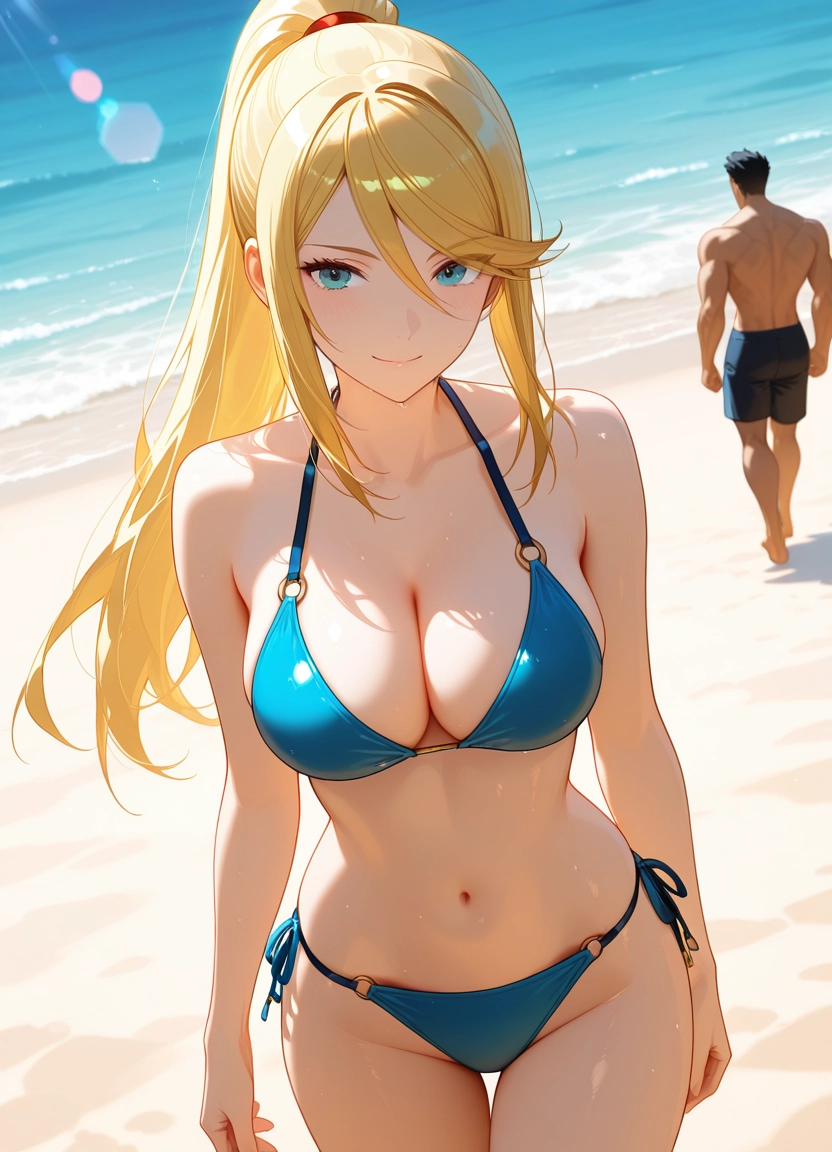 samus aran, 1girl, blonde hair, beach, 1boy, bikini · Yamete.gg