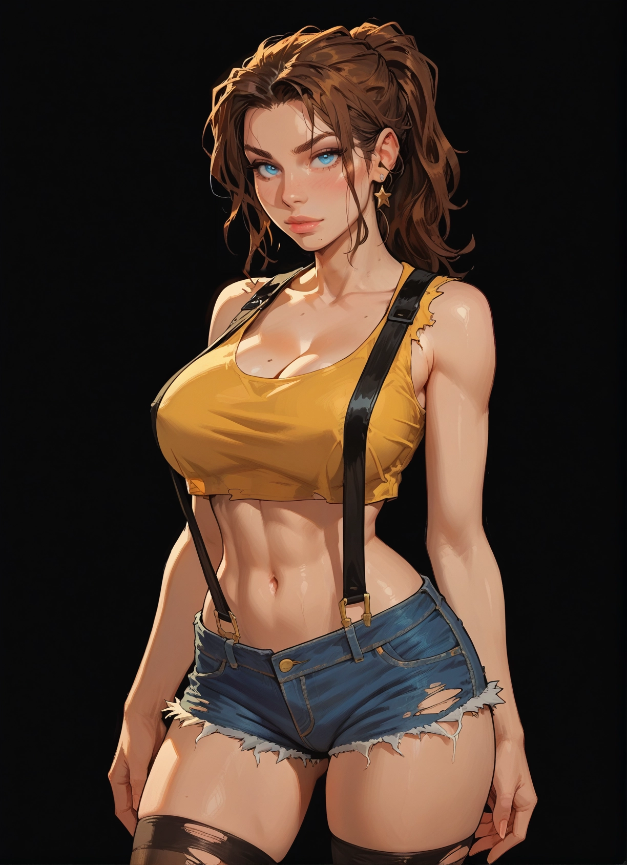 1girl, breasts, shorts, jewelry, blue eyes, earrings · Yamete.gg