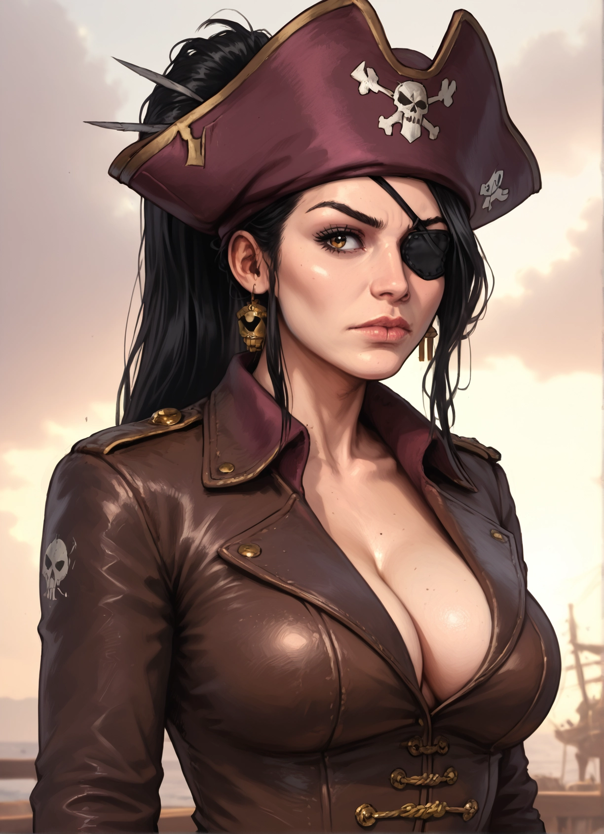 1girl, breasts, eyepatch, hat, solo, jewelry · Yamete.gg