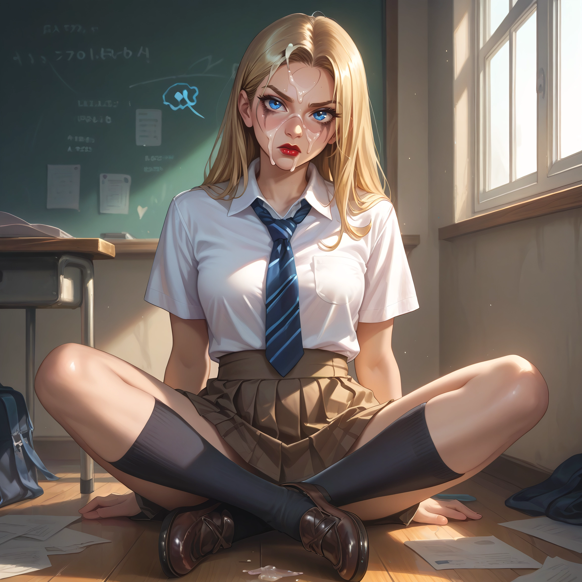 1girl, blonde hair, skirt, cum, blue eyes, necktie · Yamete.gg