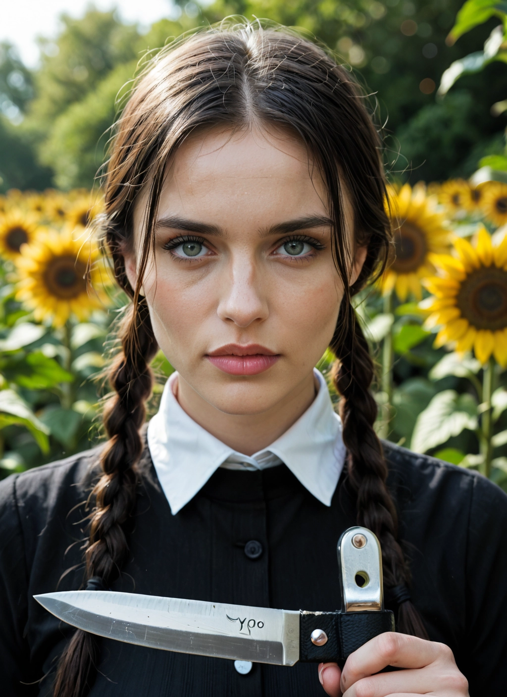 1girl, flower, solo, sunflower, braid, knife · Yamete.gg