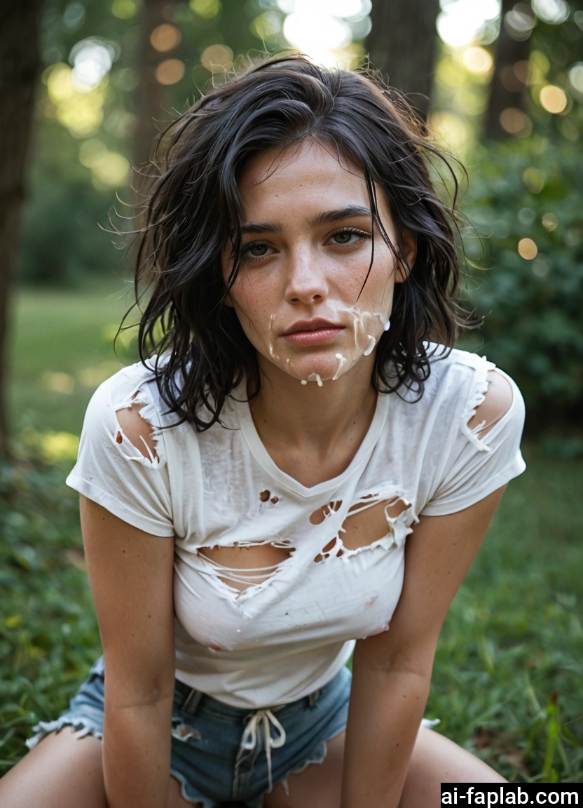 1girl, solo, cum, torn clothes, facial, breasts