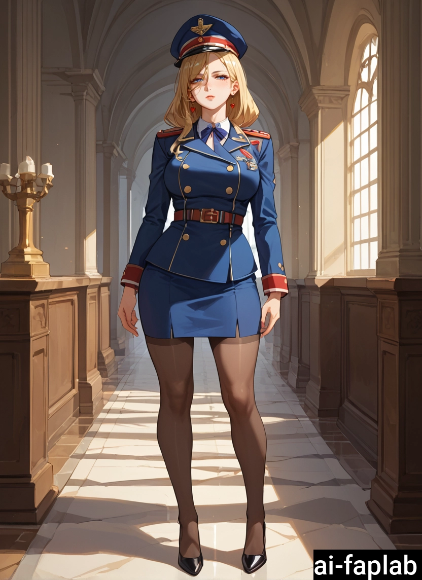 1girl, solo, skirt, blonde hair, pantyhose, uniform