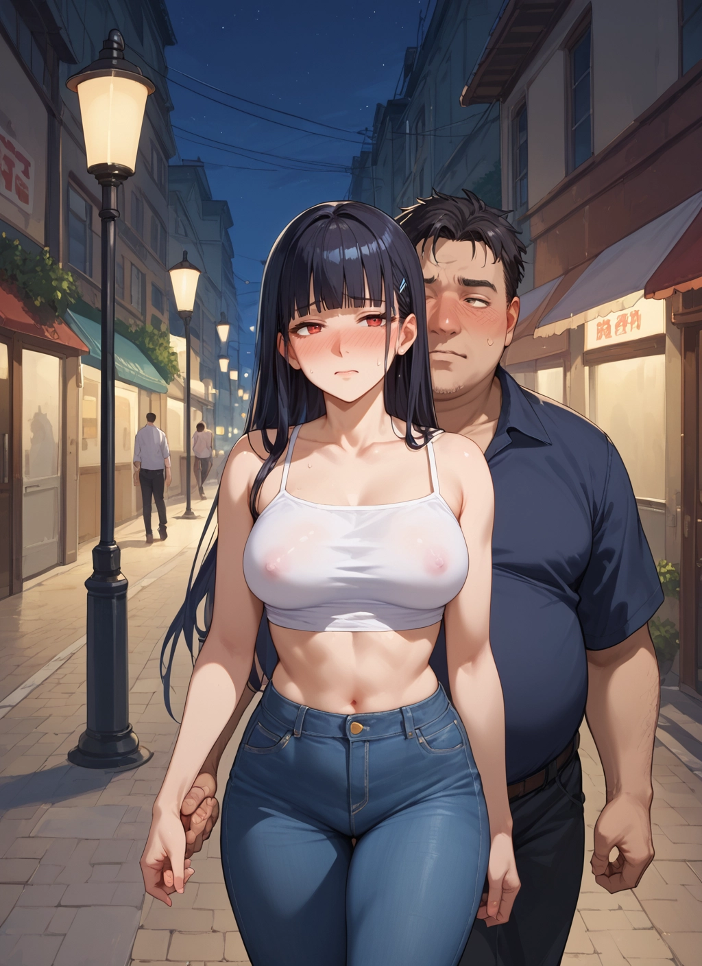 black hair, breasts, long hair, blush, navel, pants · Yamete.gg