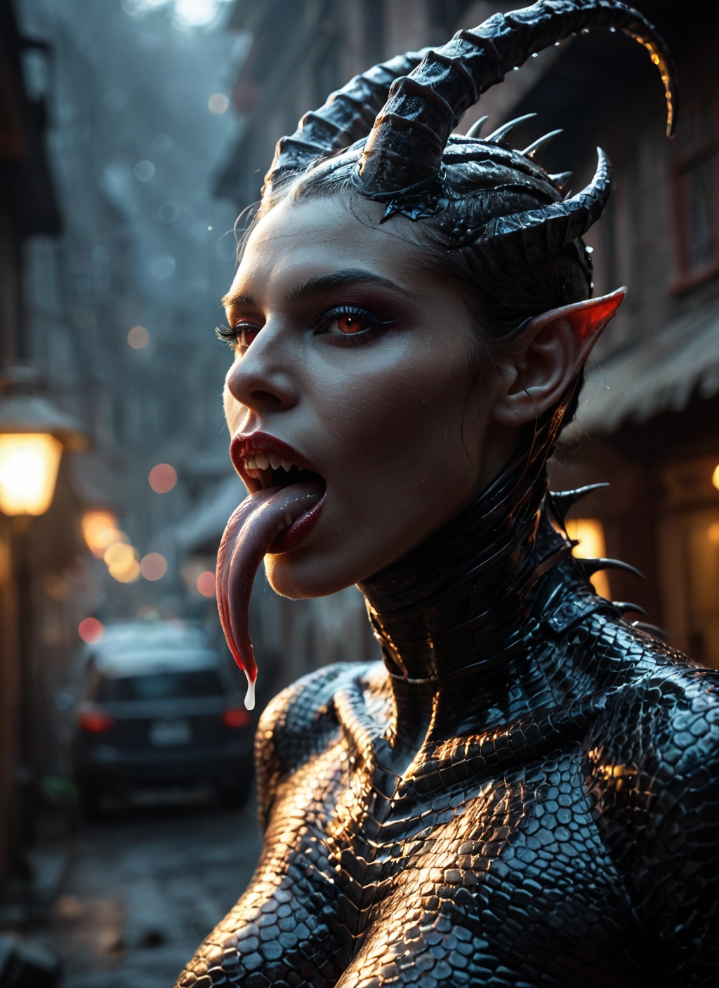 1girl, horns, tongue, tongue out, solo, pointy ears · Yamete.gg