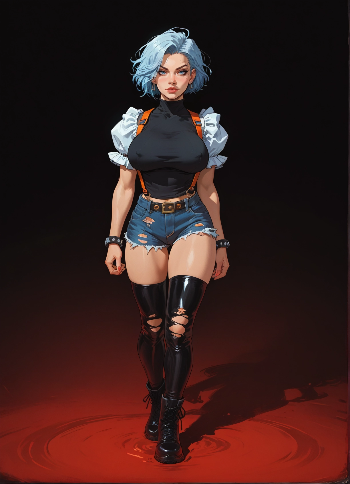 1girl, breasts, solo, thighhighs, torn clothes, shorts · Yamete.gg