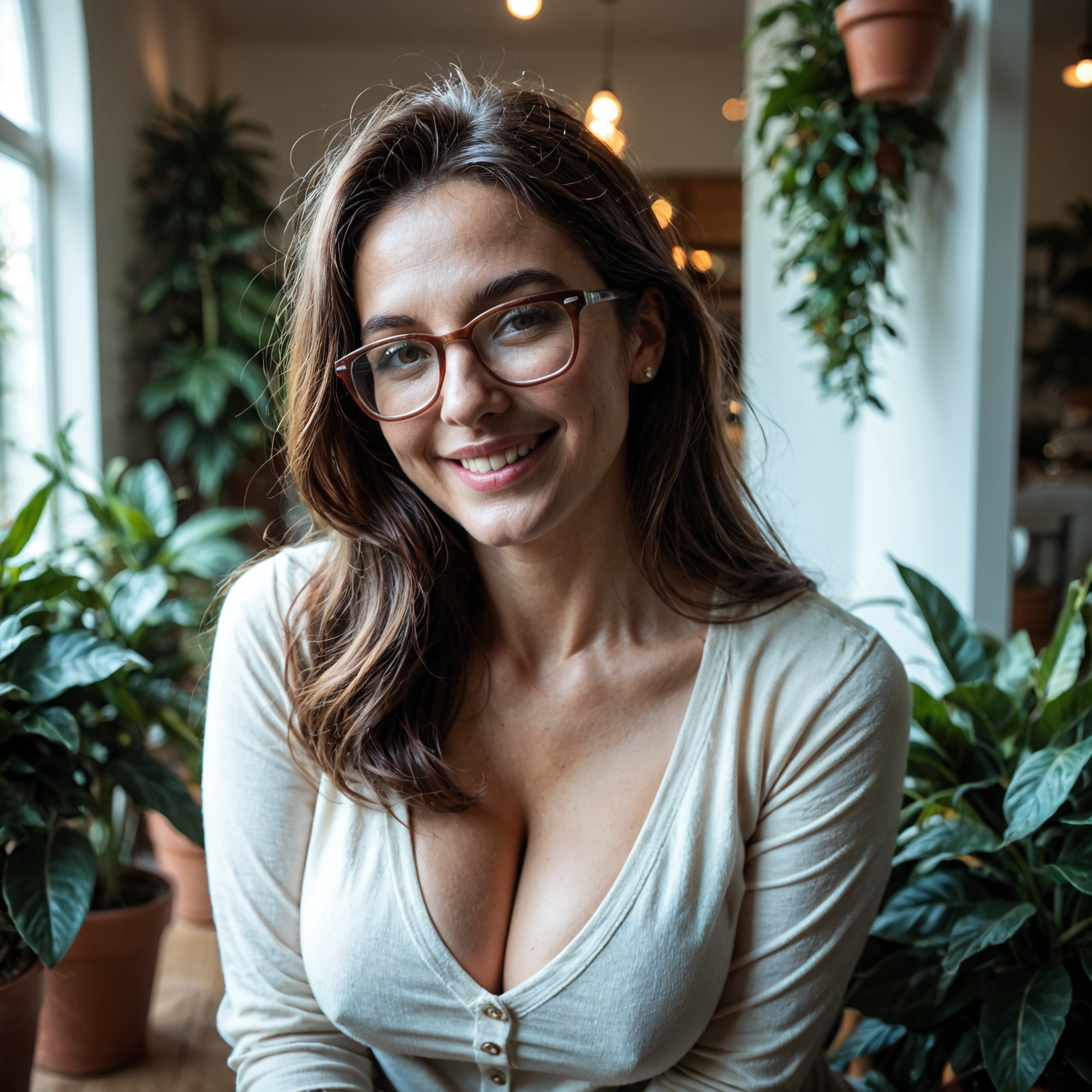 1girl, breasts, cleavage, realistic, solo, glasses · Yamete.gg
