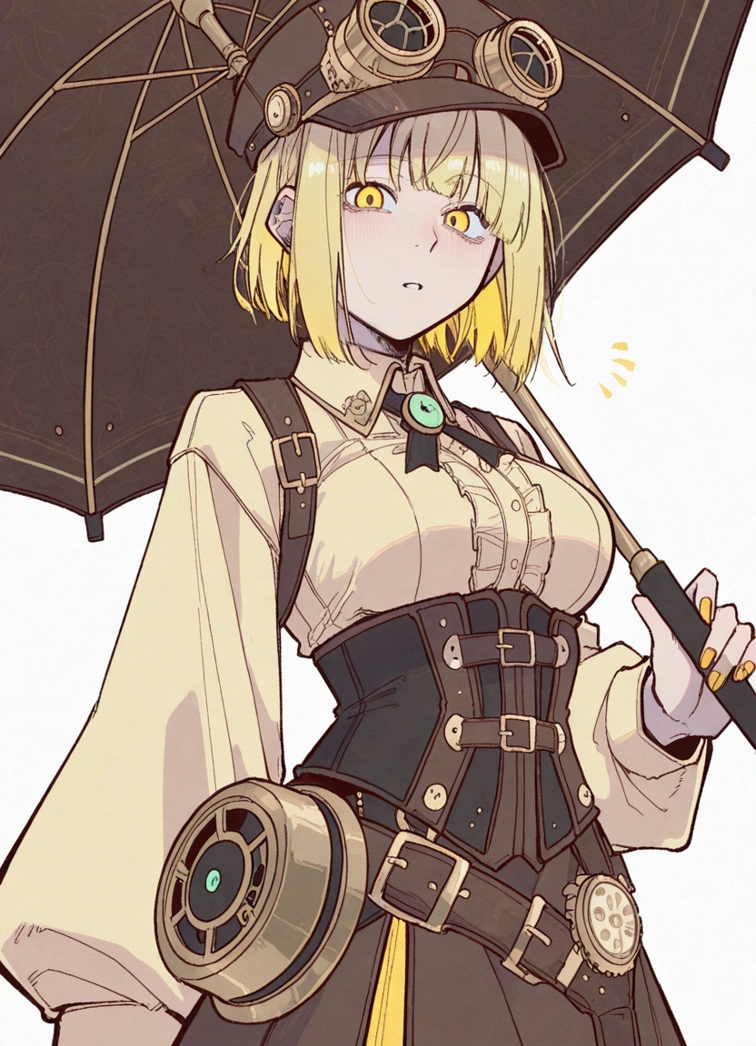 1girl, steampunk, blonde hair, solo, yellow eyes, umbrella
