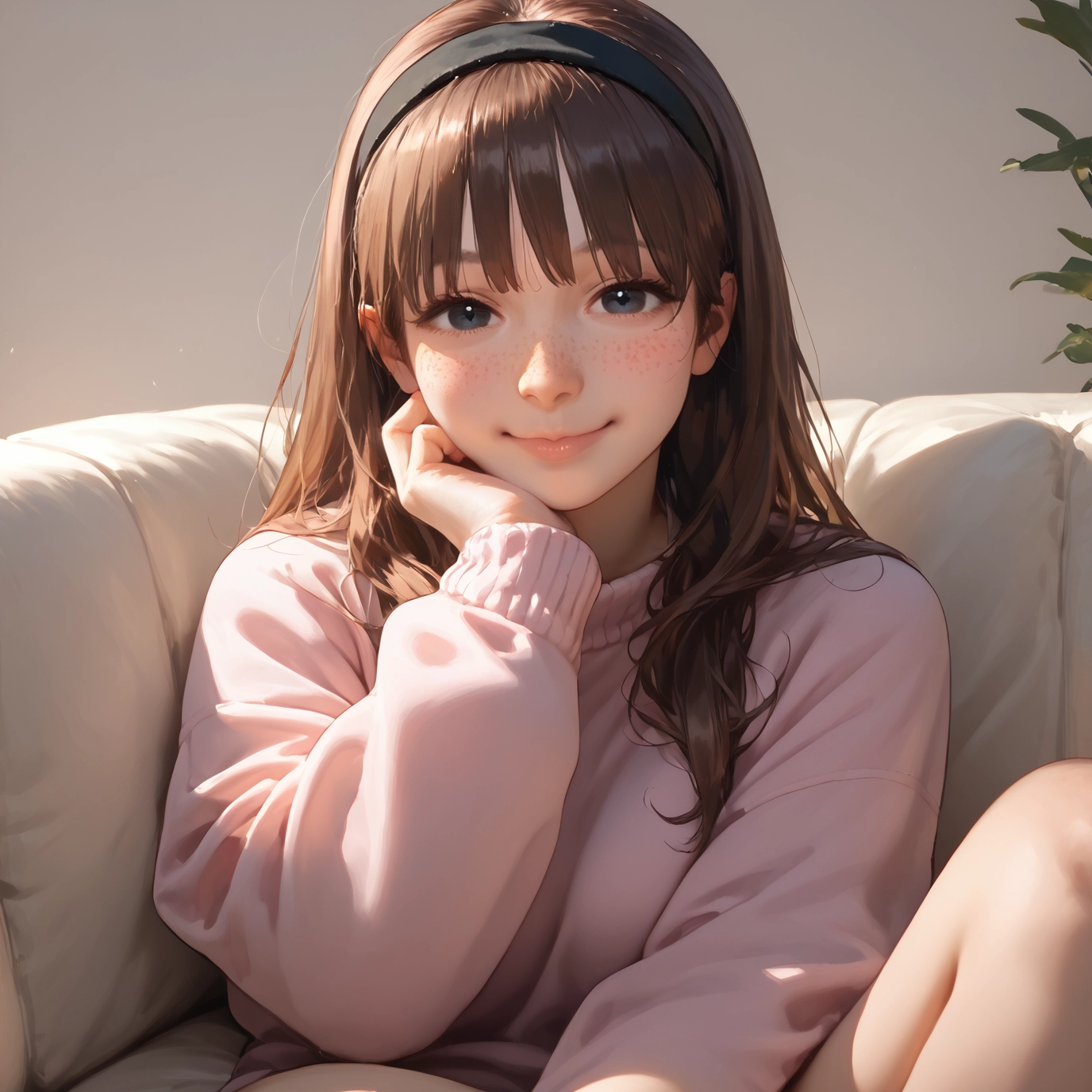 1girl, solo, brown hair, freckles, looking at viewer, smile · Yamete.gg