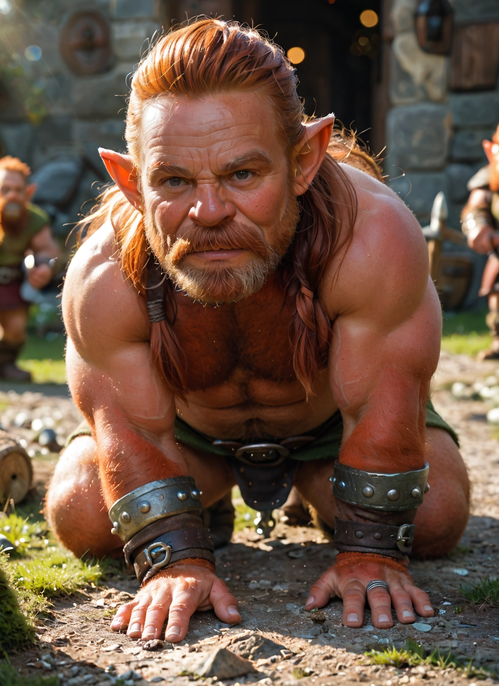 bara, facial hair, pointy ears, beard, male focus, jewelry · Yamete.gg