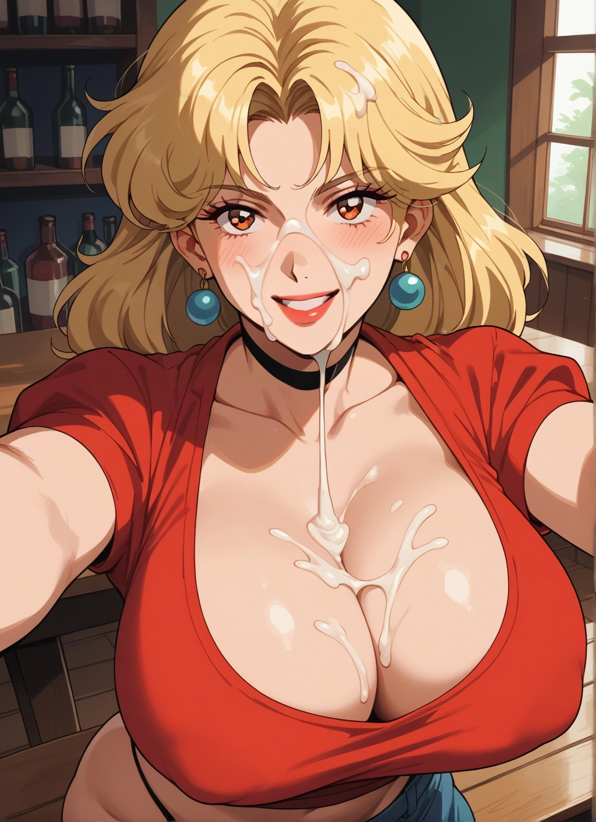 1girl, breasts, blonde hair, cum, solo, jewelry