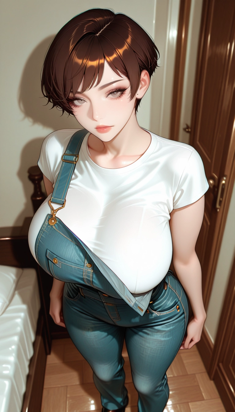 1girl, breasts, brown hair, blue eyes, short hair, solo