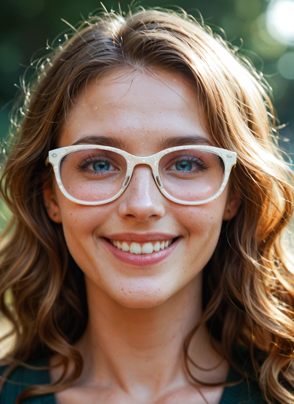 1girl, solo, glasses, smile, blonde hair, blue eyes · Yamete.gg