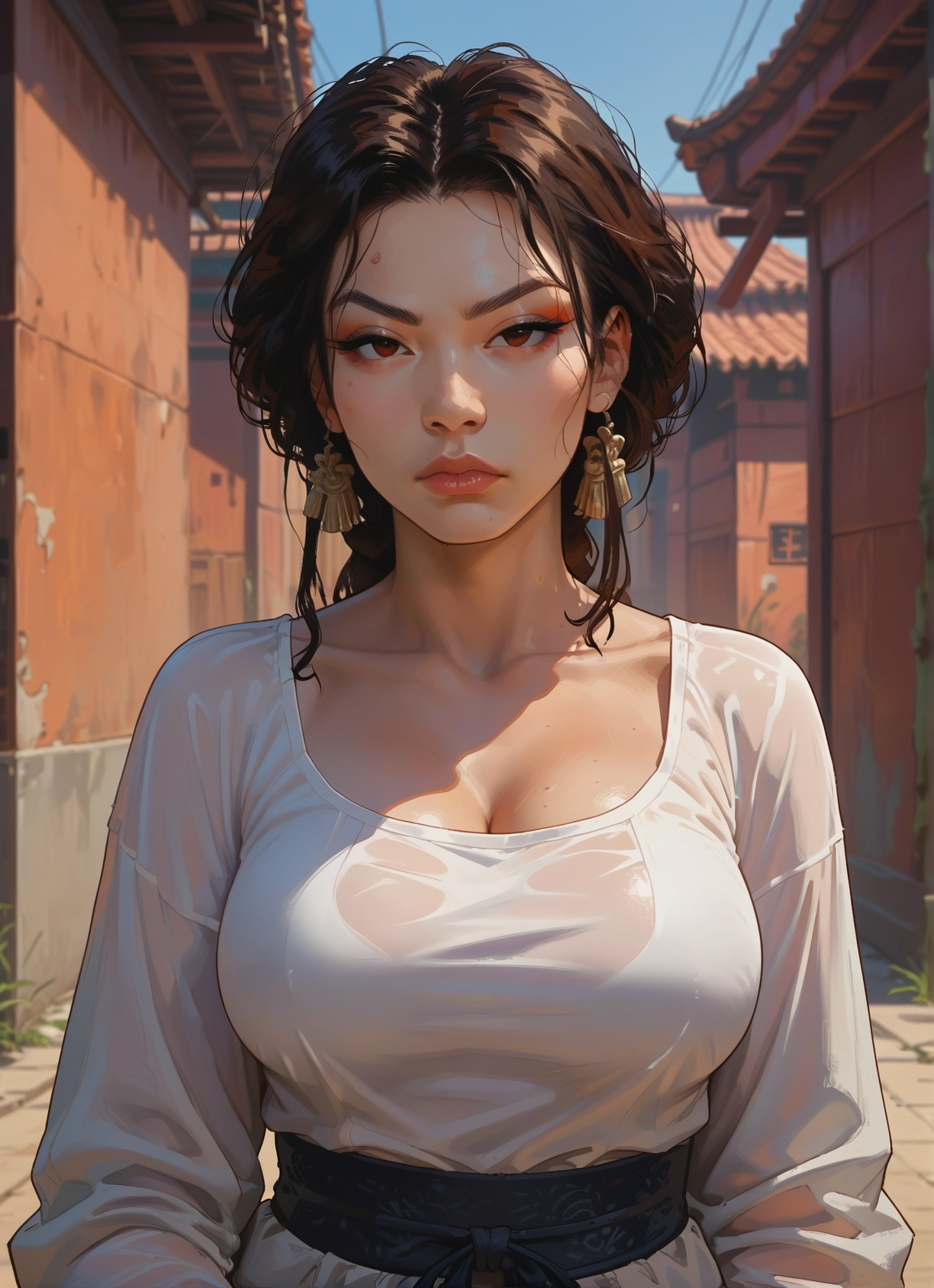 1girl, breasts, cleavage, solo, jewelry, earrings · Yamete.gg