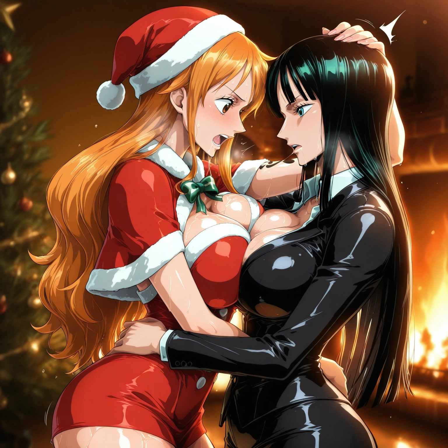 multiple girls, breasts, 2girls, hat, santa hat, long hair · Yamete.gg