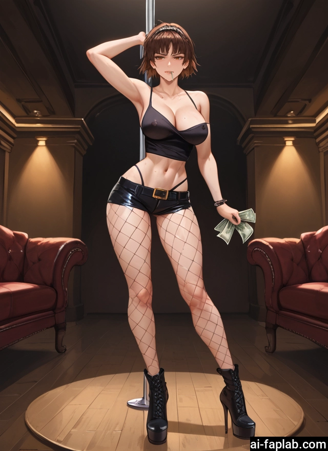 1girl, breasts, shorts, brown hair, fishnets, money · Yamete.gg
