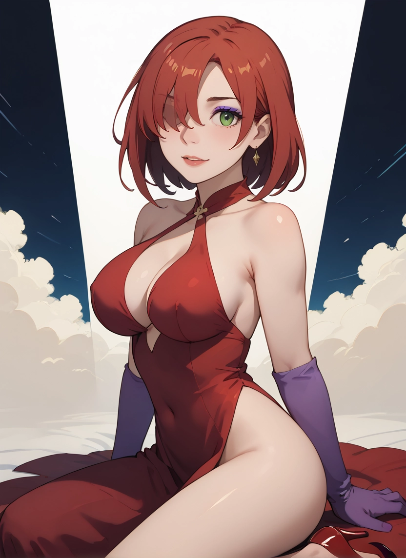 1girl, breasts, gloves, dress, green eyes, solo · Yamete.gg