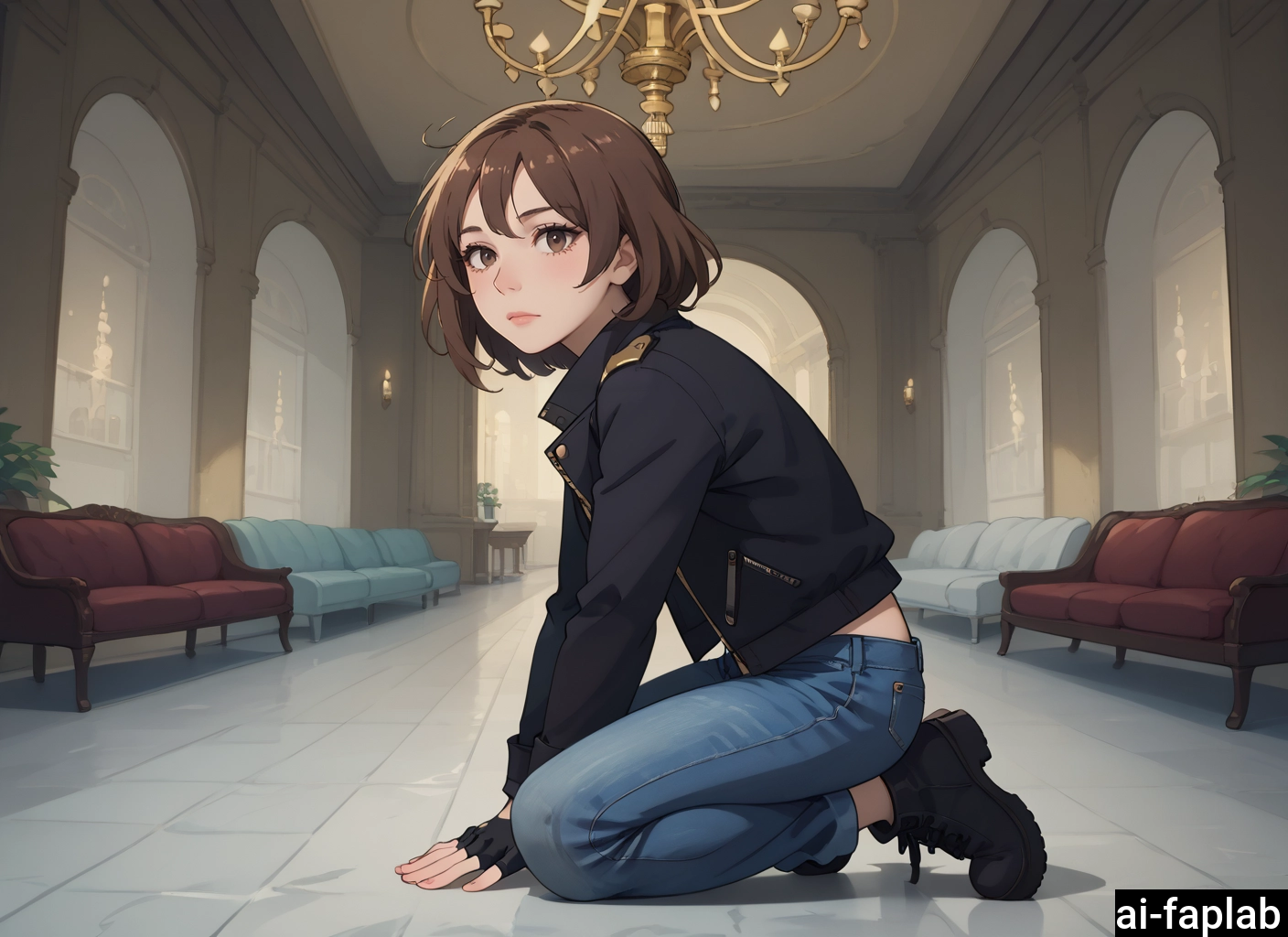 1girl, brown hair, solo, indoors, brown eyes, fingerless gloves · Yamete.gg