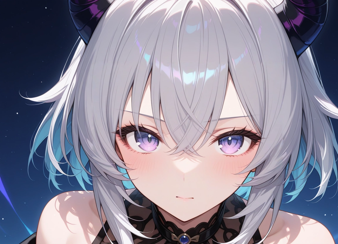 1girl, solo, looking at viewer, purple eyes, horns, portrait · Yamete.gg