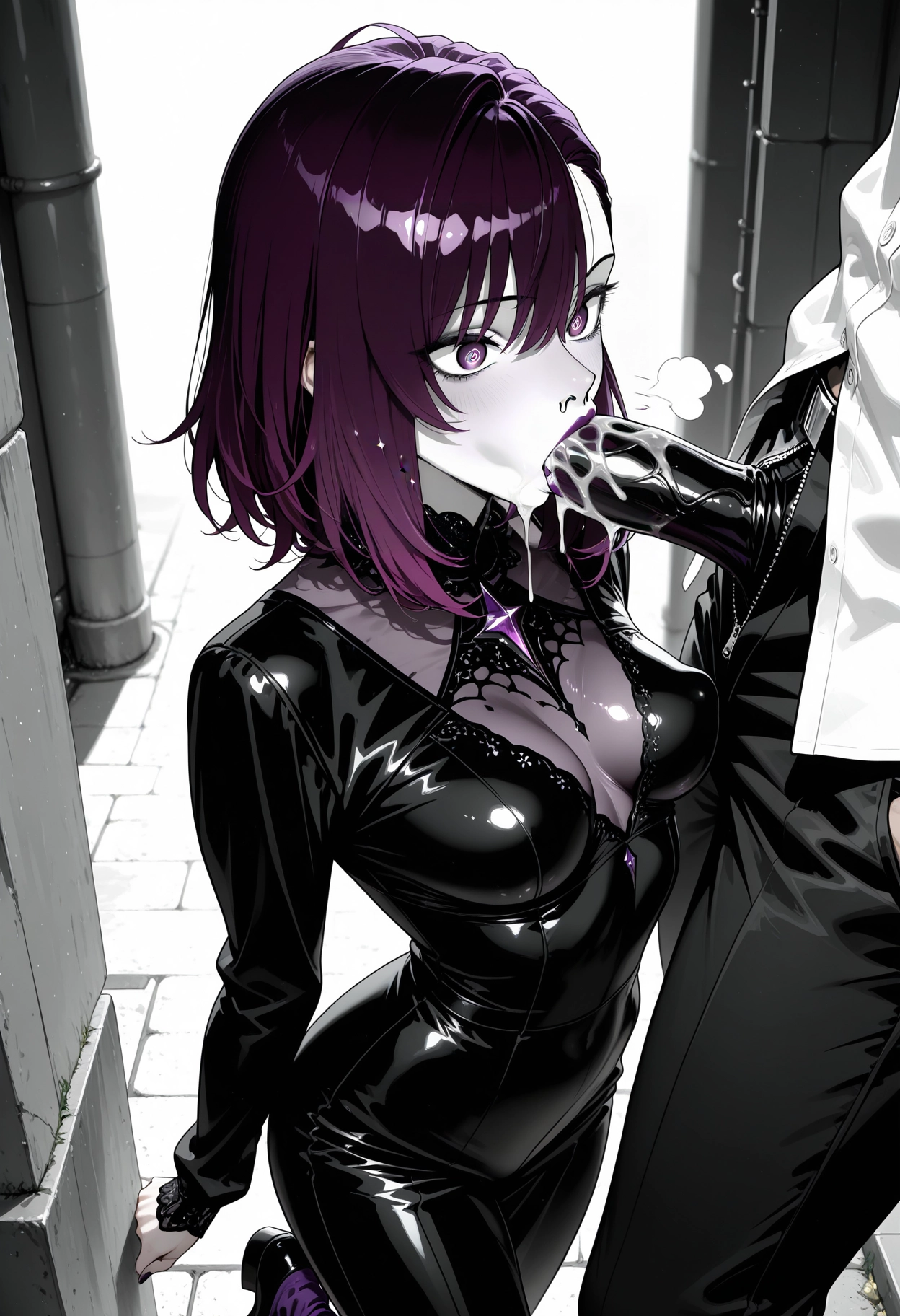 1girl, breasts, purple eyes, purple hair, penis, fellatio · Yamete.gg