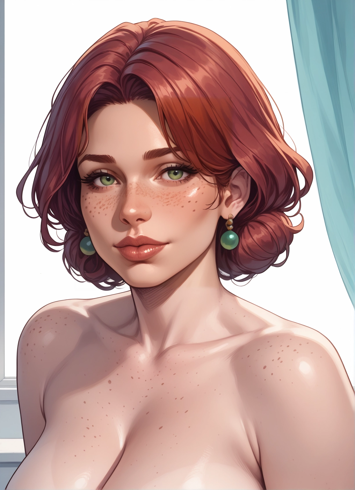 1girl, breasts, jewelry, earrings, green eyes, freckles · Yamete.gg
