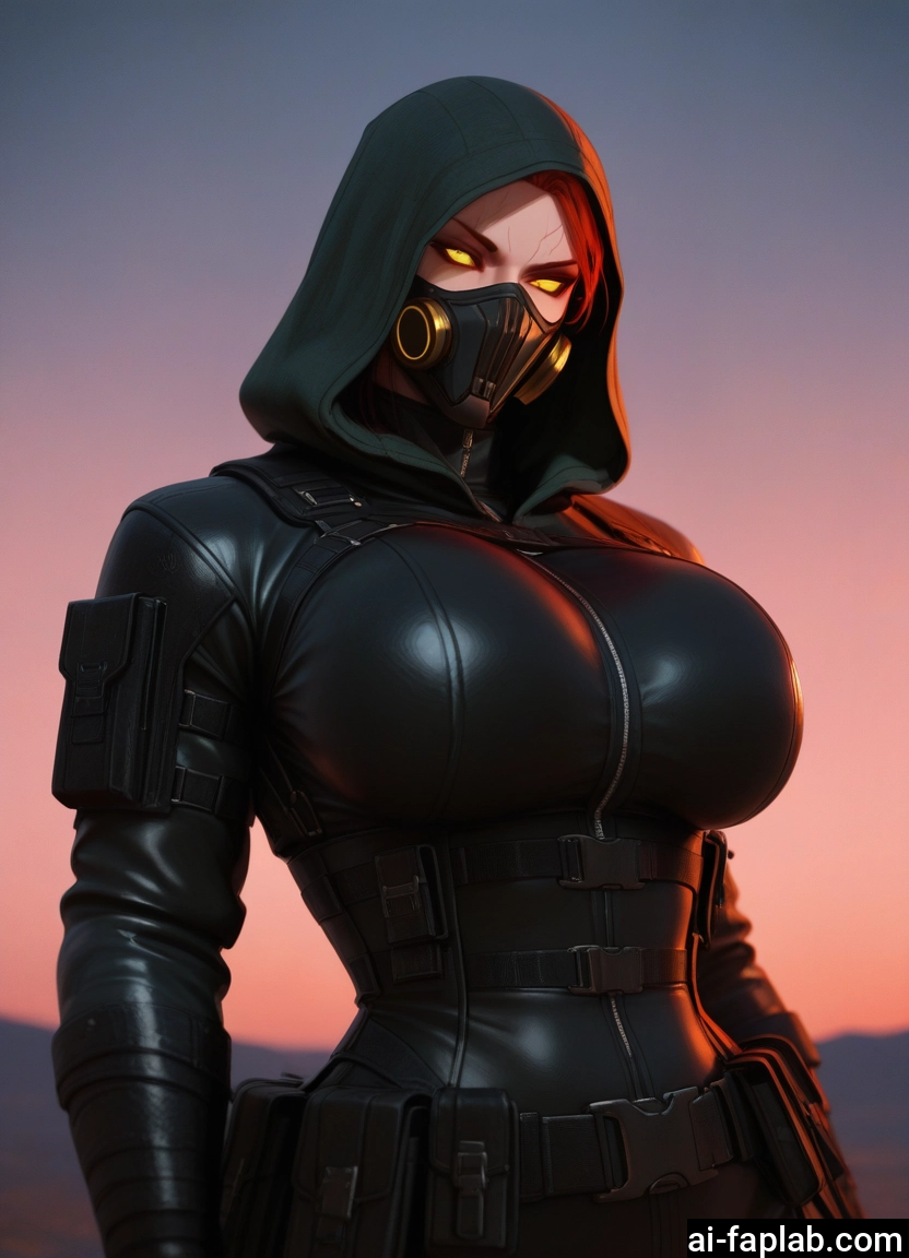 1girl, breasts, mask, hood, solo, bodysuit