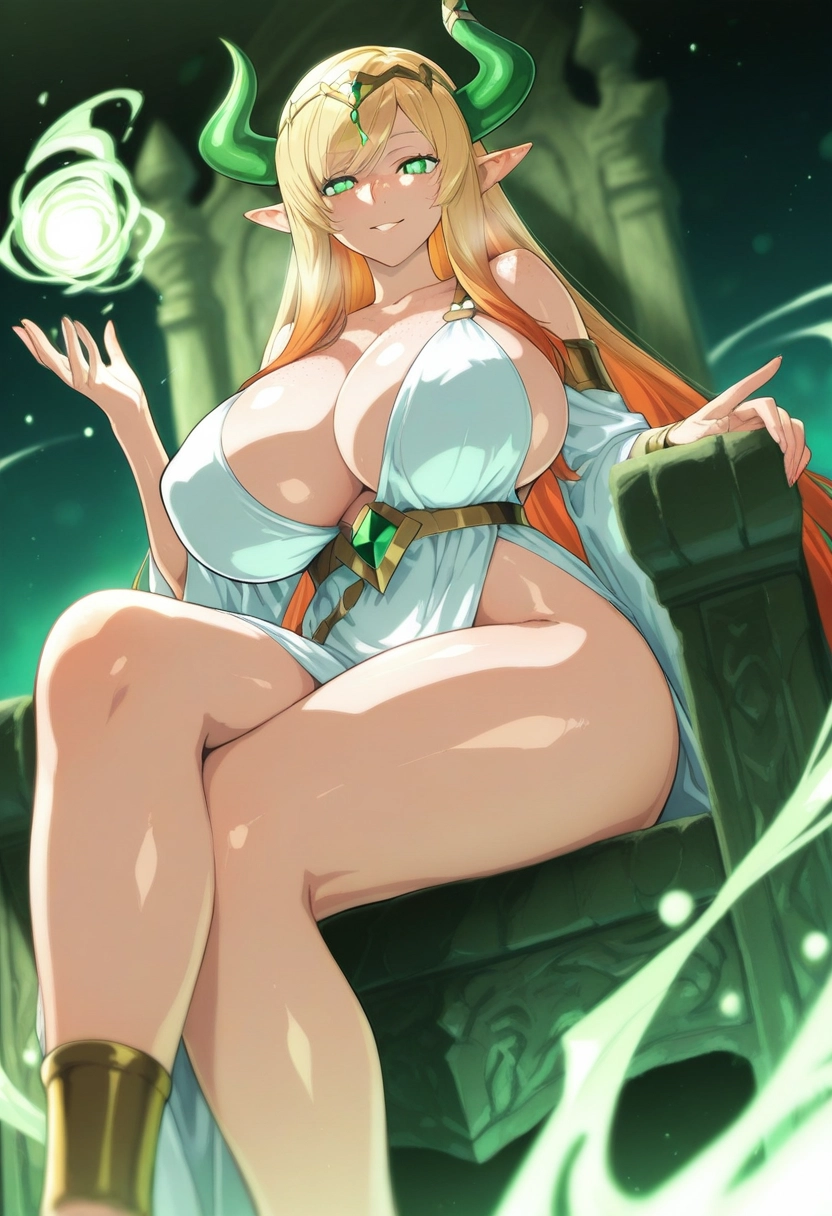 1girl, breasts, horns, pointy ears, blonde hair, green eyes · Yamete.gg
