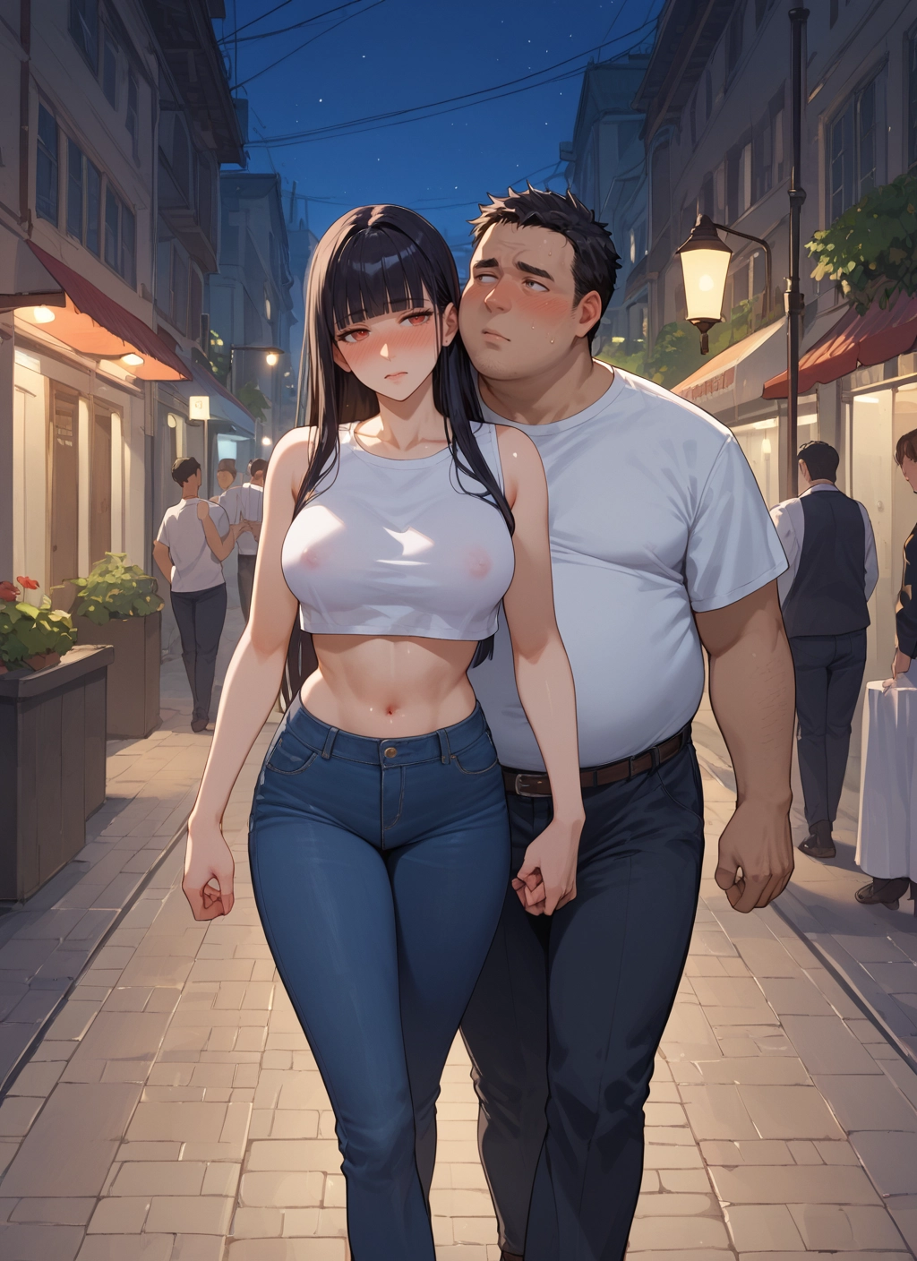 breasts, navel, pants, long hair, black hair, blush · Yamete.gg