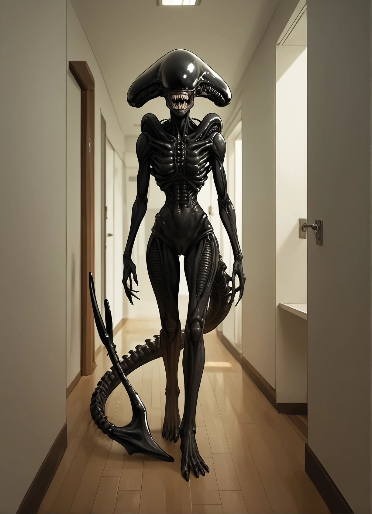 tail, 1girl, teeth, solo, door, indoors